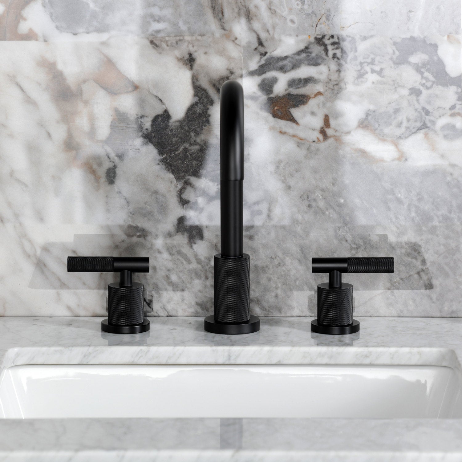 Kingston Sona FSC8920KNL - Convergent Two-Handle 3-Hole Deck Mount Widespread Bathroom Faucet with Knurled Handle and Brass Pop-Up, Matte Black — thumbnail 3